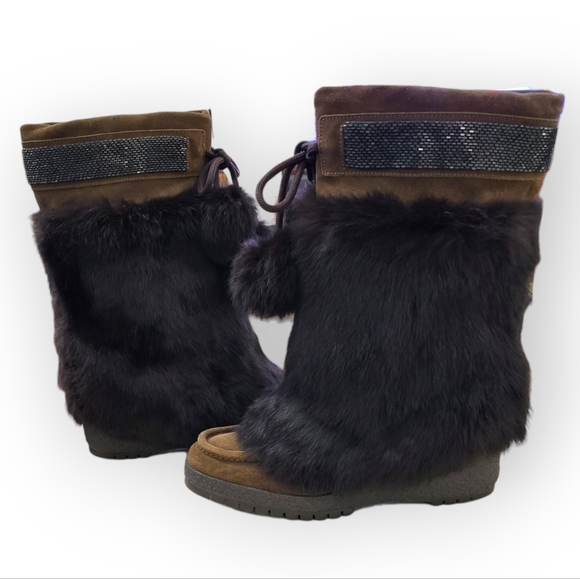 COACH Maryann Rabbit Fur Suede Boots Brown Beaded Trim Pom Pom Ties 8 - Picture 3 of 11
